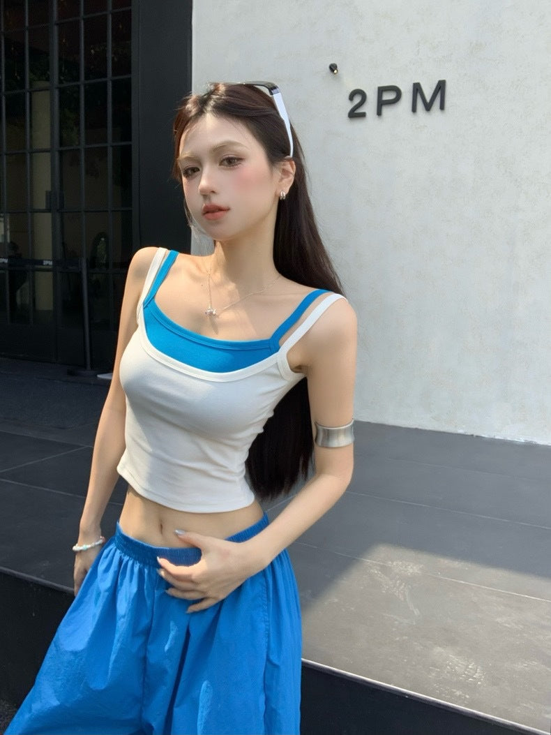 TP035 假两件撞色吊带小背心