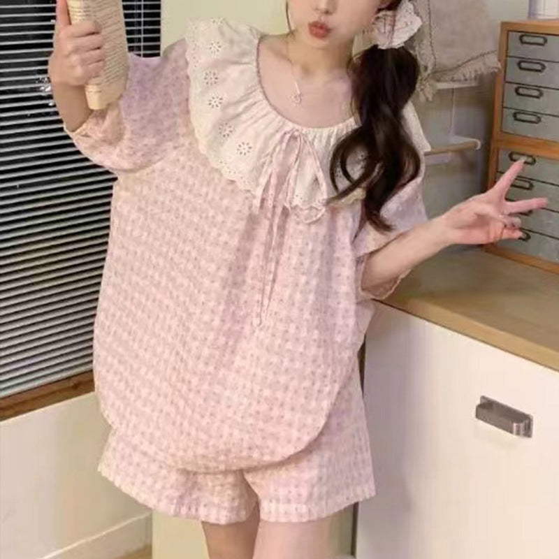 SW004 甜美蕾丝格子睡衣