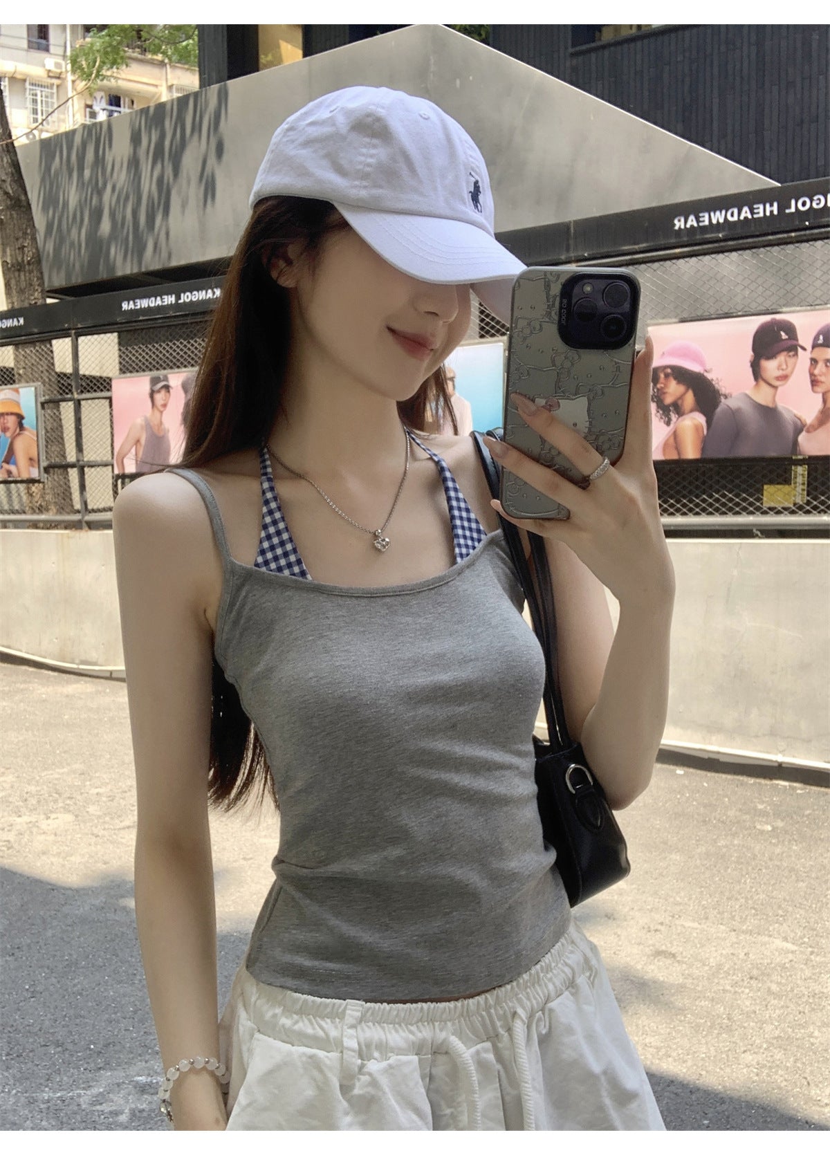 TB006 撞色格纹拼接挂脖系带无袖上衣