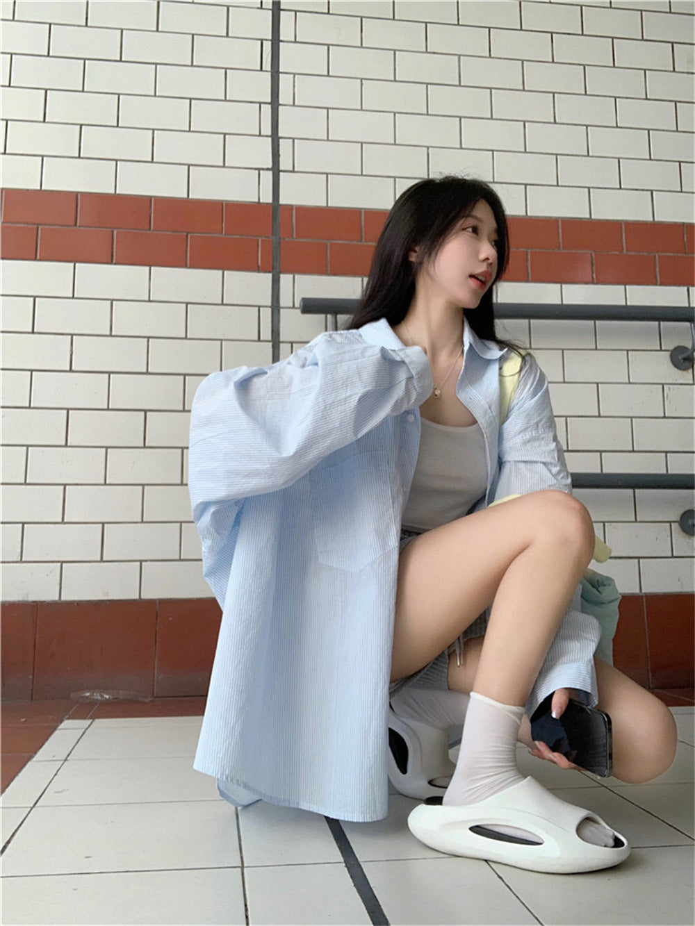 TP019 慵懒风细条纹Polo领衬衫外套