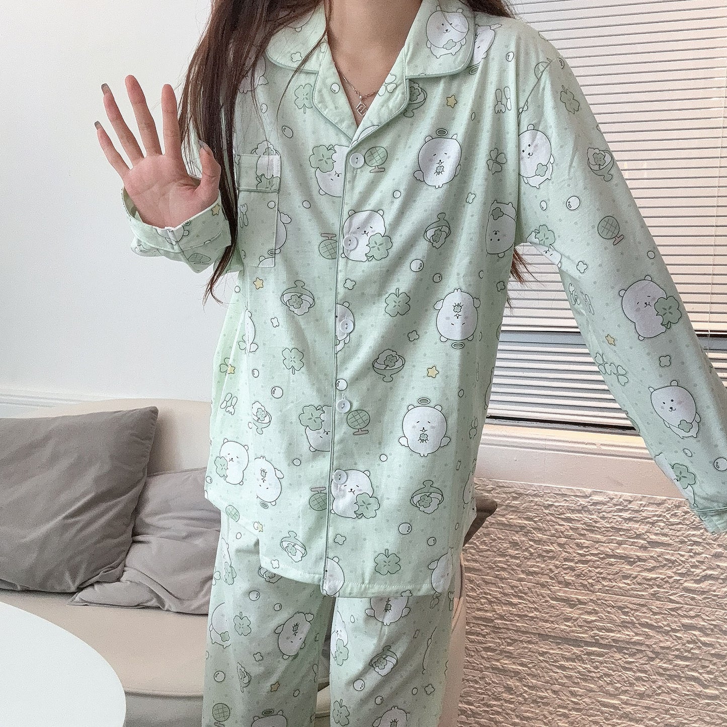 SW024 棉质哈密瓜自嘲熊长袖长裤睡衣套装
