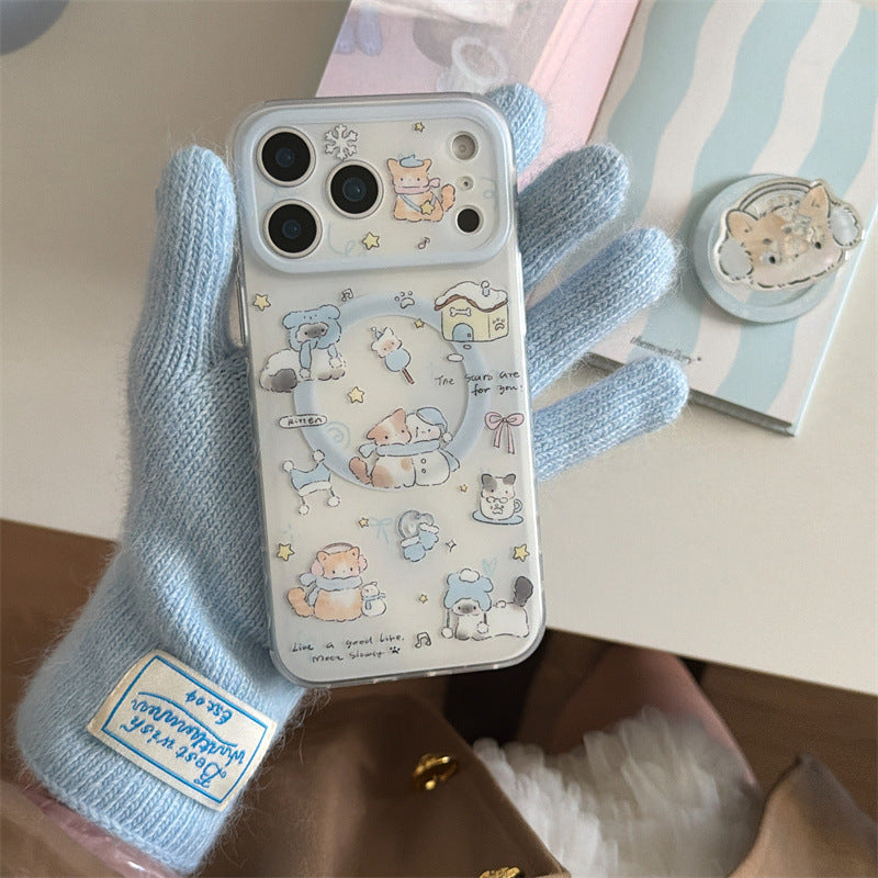 CY043 蓝围巾小猫雪人磁吸手机壳
