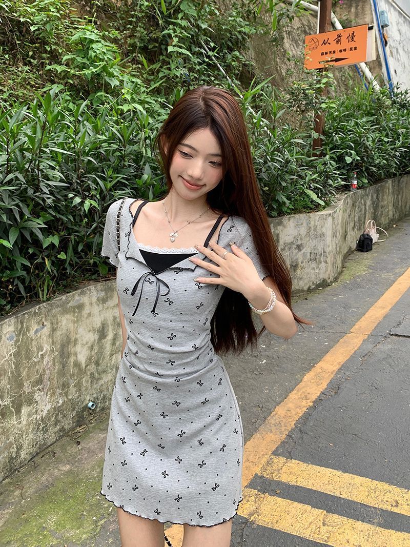 DS001 假两件丝花边设计短袖连衣裙