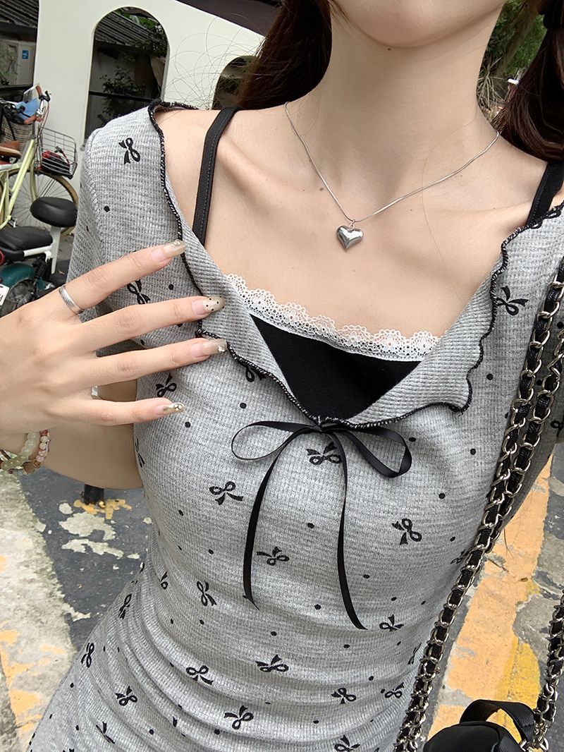 DS002 假两件蕾丝花边设计短袖连衣裙(长)