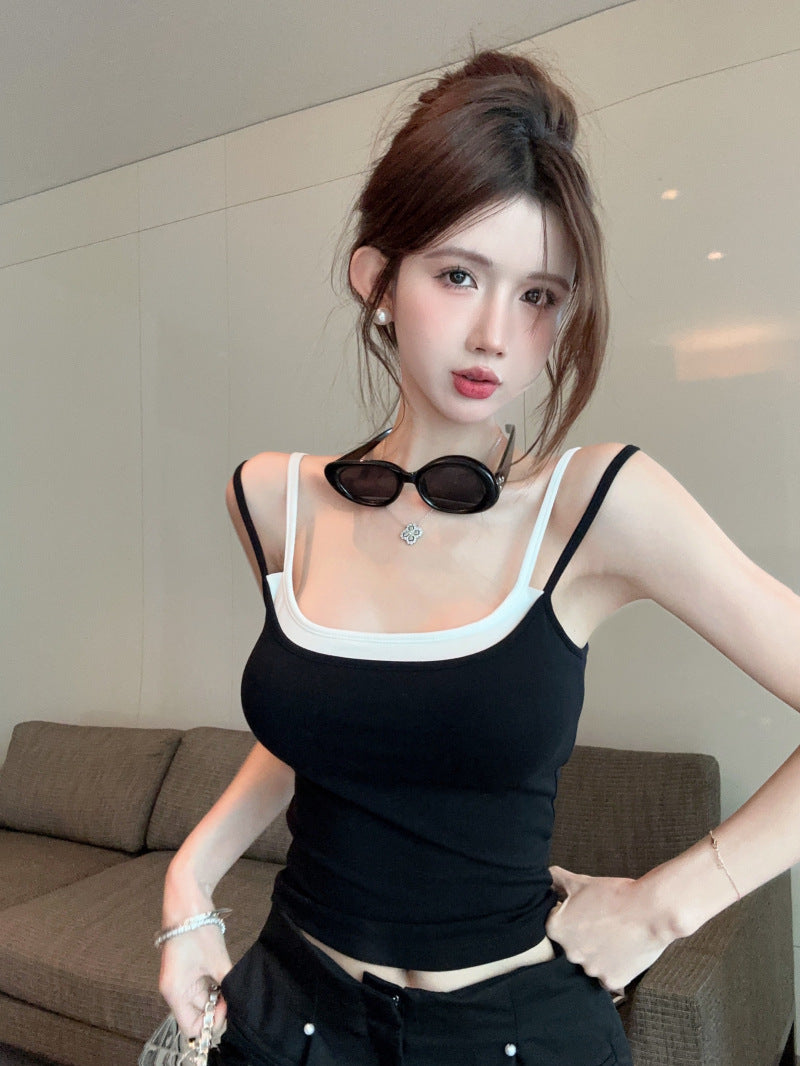TP035 假两件撞色吊带小背心