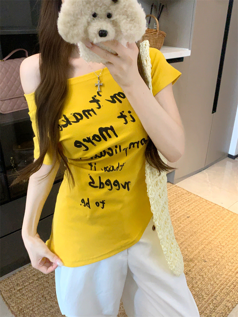 TP090 美式辣妹字母印花斜肩短袖T恤