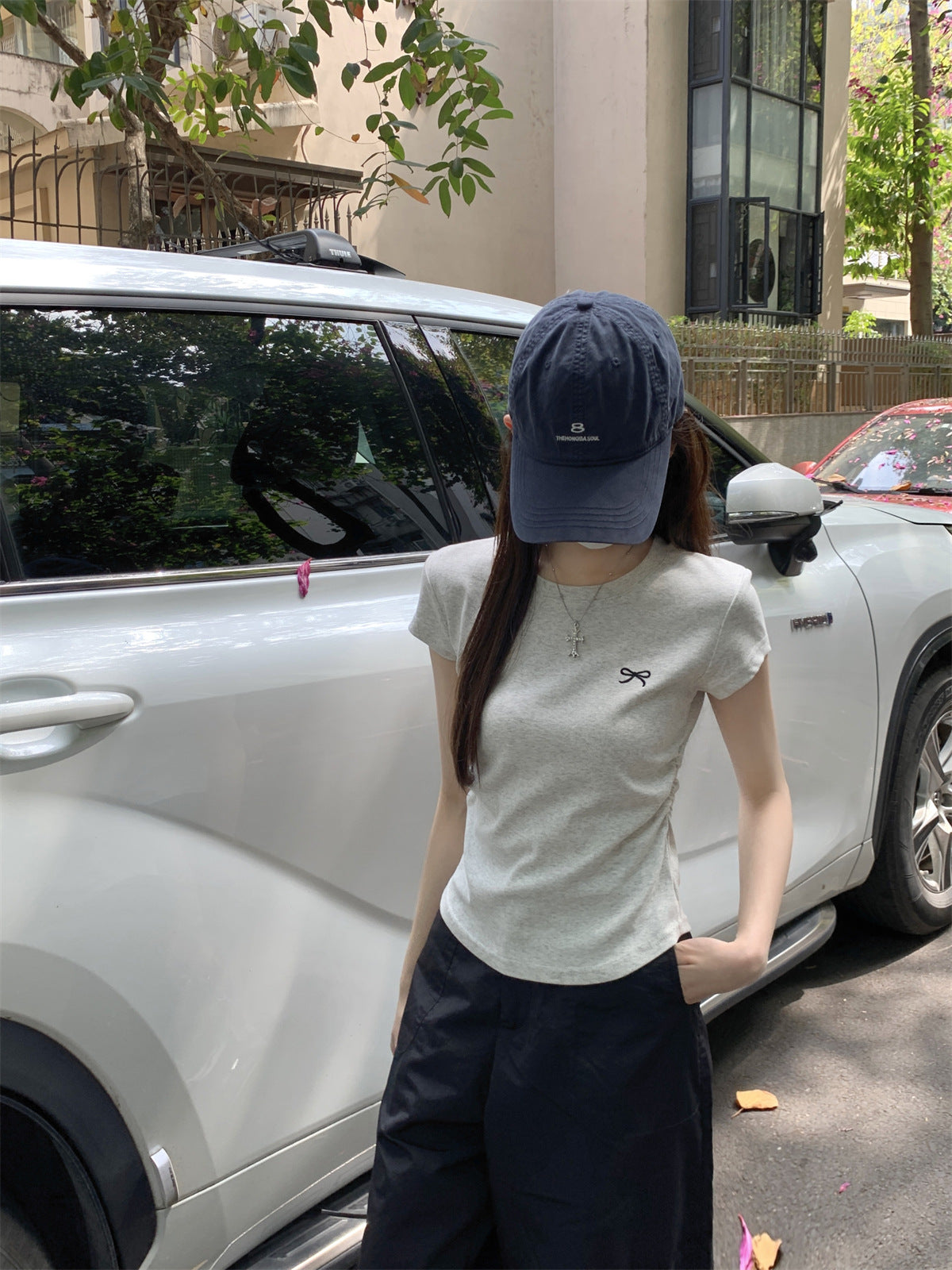 TP094 韩系蝴蝶结刺绣圆领短袖T恤