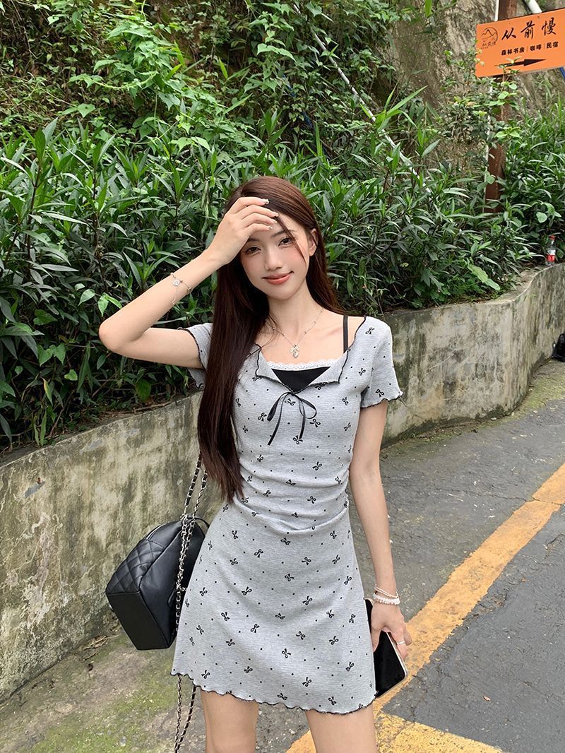 DS001 假两件丝花边设计短袖连衣裙