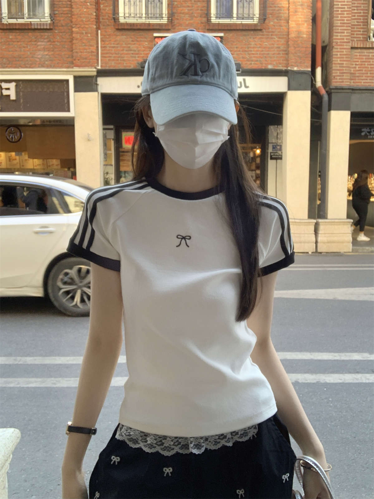 TP103 ins蝴蝶结刺绣杠条短袖T恤