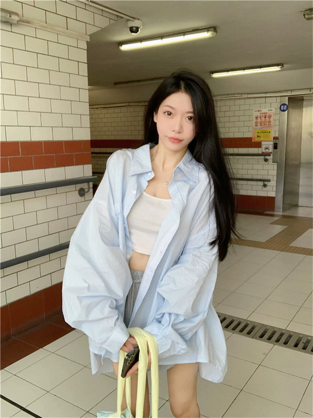 TP019 慵懒风细条纹Polo领衬衫外套