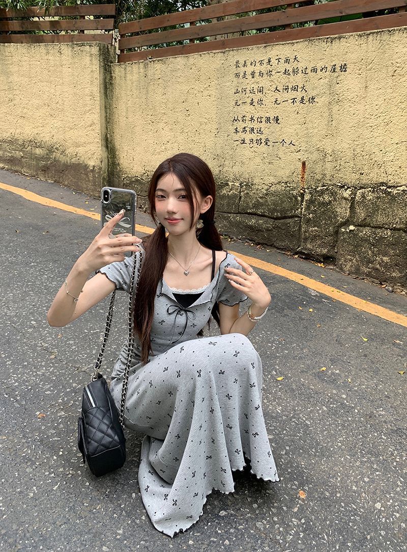 DS002 假两件蕾丝花边设计短袖连衣裙(长)