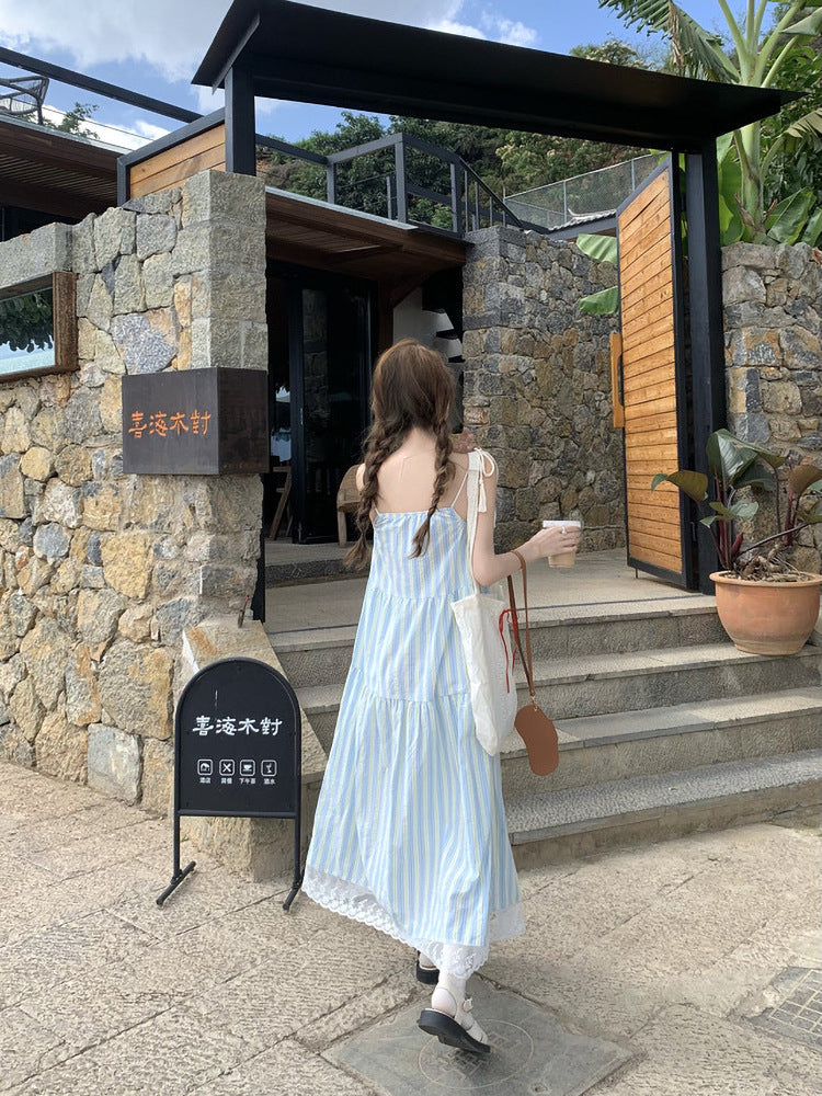 DS023 度假条纹吊带连衣裙