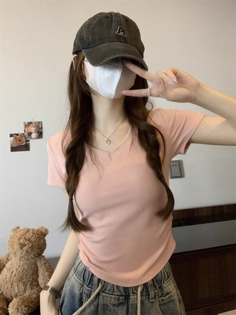 TP022 V领正肩百搭收腰上衣