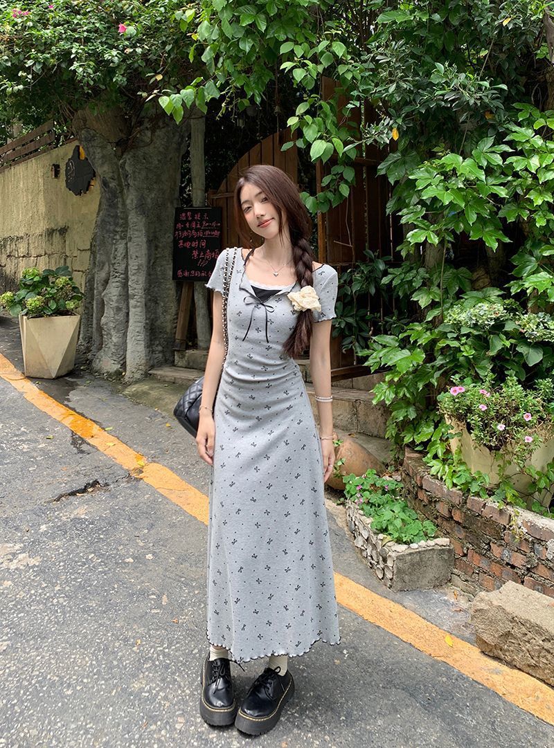DS002 假两件蕾丝花边设计短袖连衣裙(长)