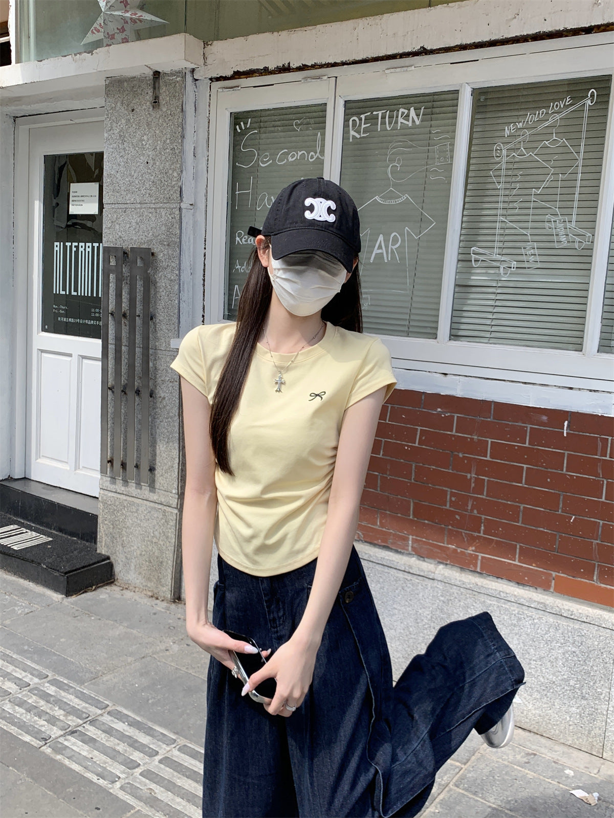 TP094 韩系蝴蝶结刺绣圆领短袖T恤