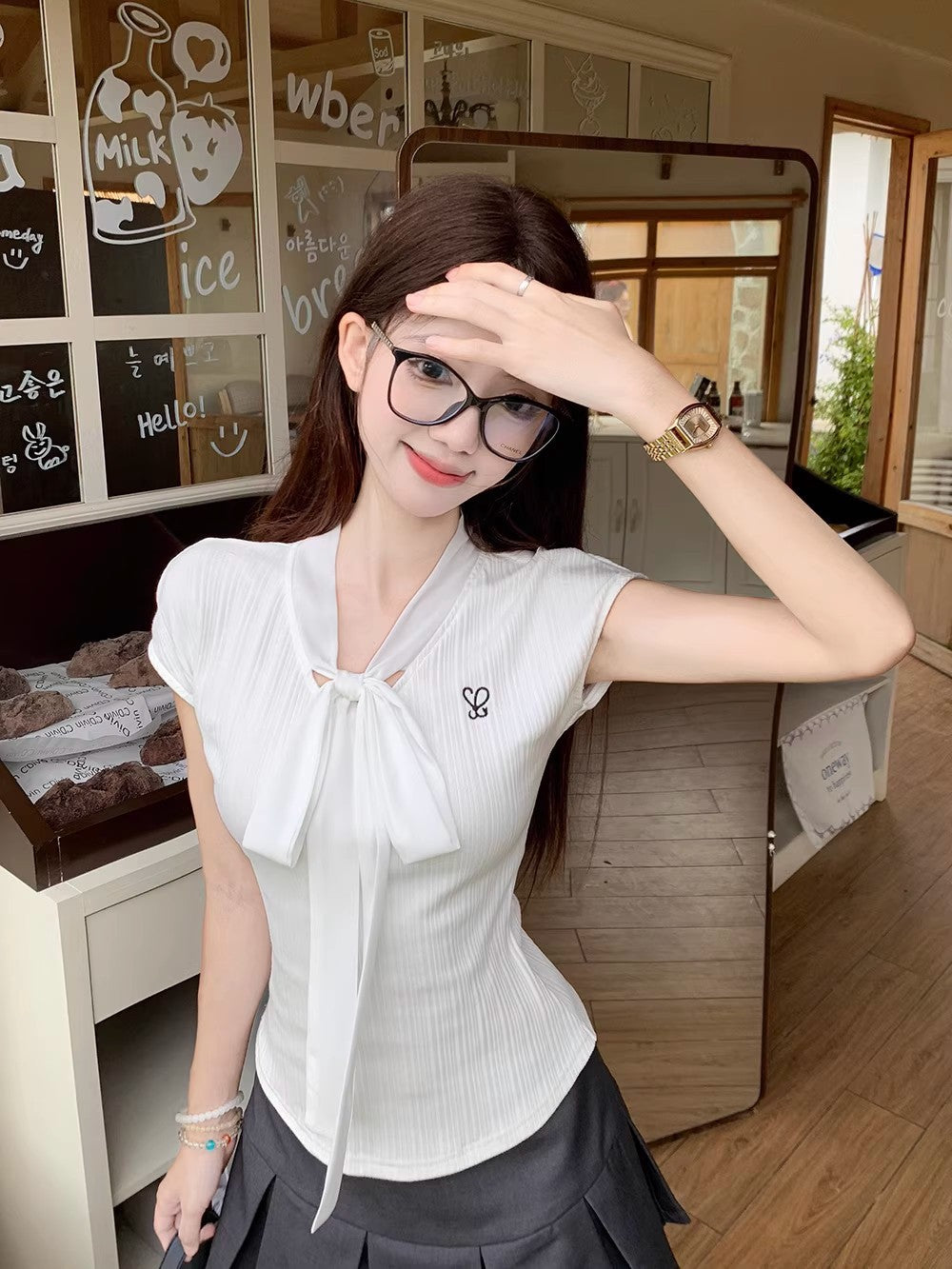 TP042 简约小众系带蝴蝶结设计上衣