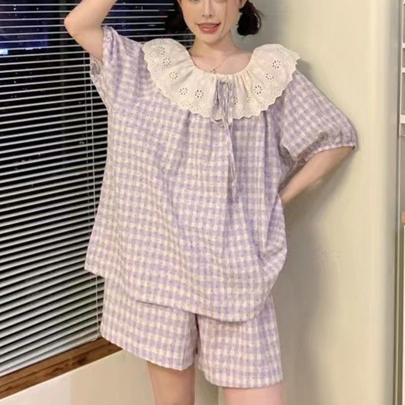 SW004 甜美蕾丝格子睡衣
