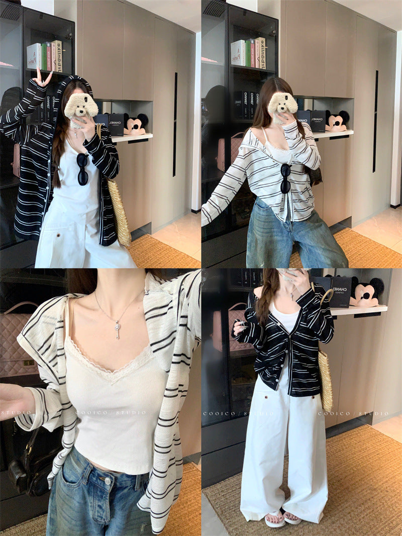 TP100 简约条纹设计连帽长袖外套