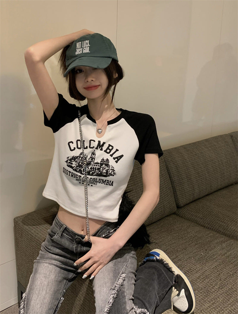 TP087 辣妹V领印花短袖T恤
