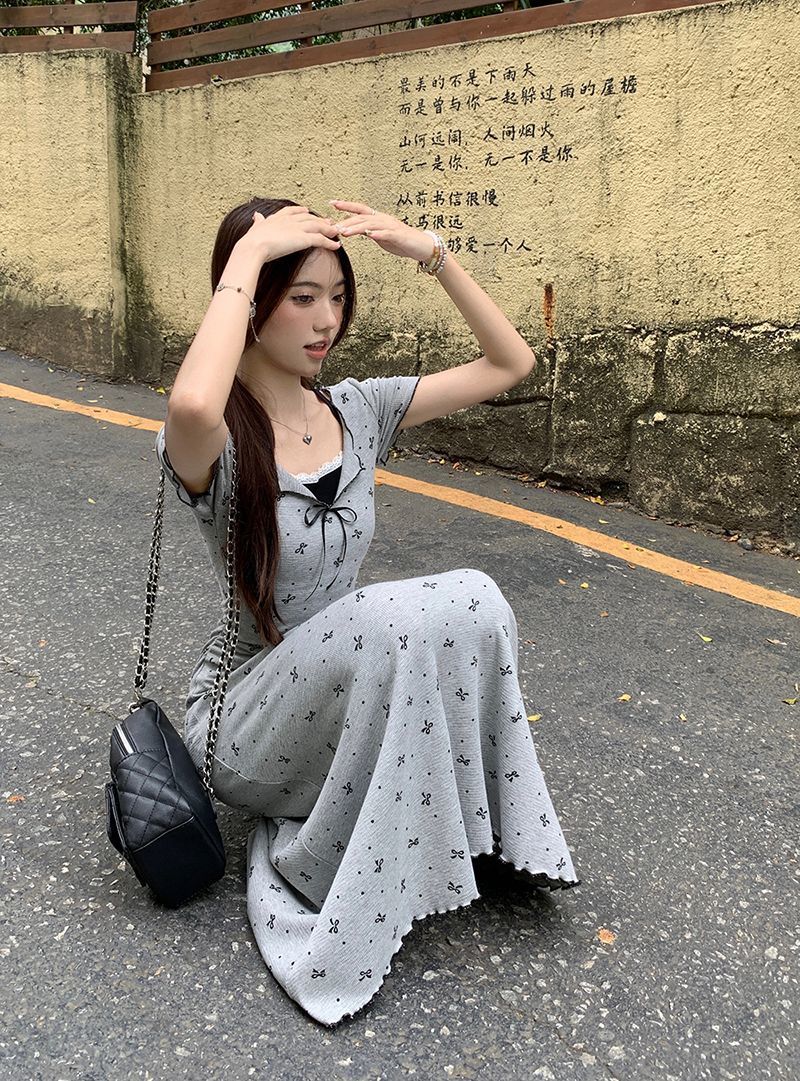 DS002 假两件蕾丝花边设计短袖连衣裙(长)