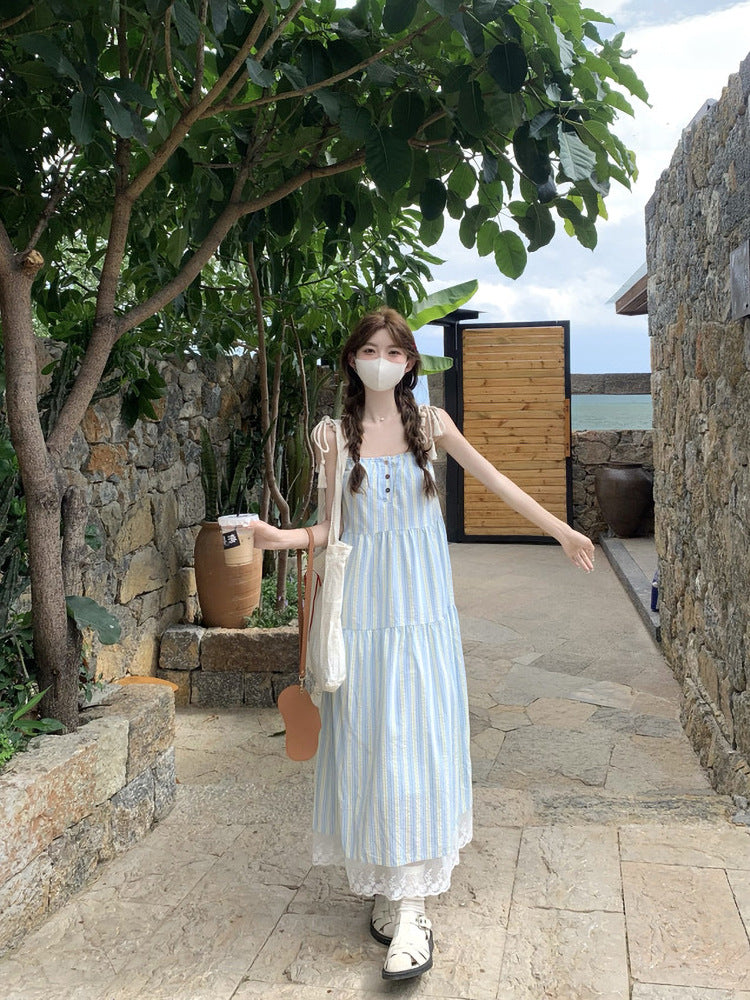 DS023 度假条纹吊带连衣裙