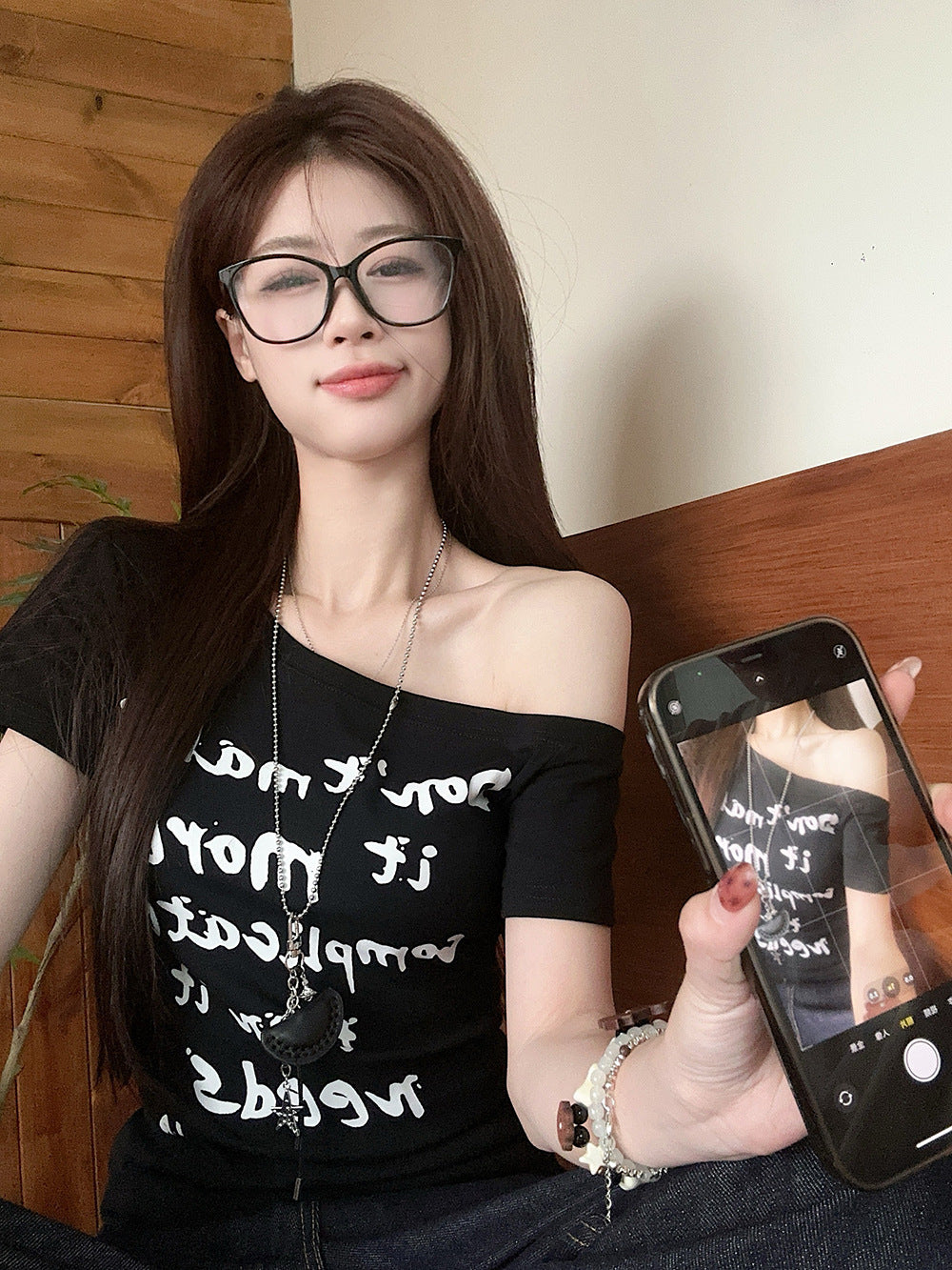 TP090 美式辣妹字母印花斜肩短袖T恤