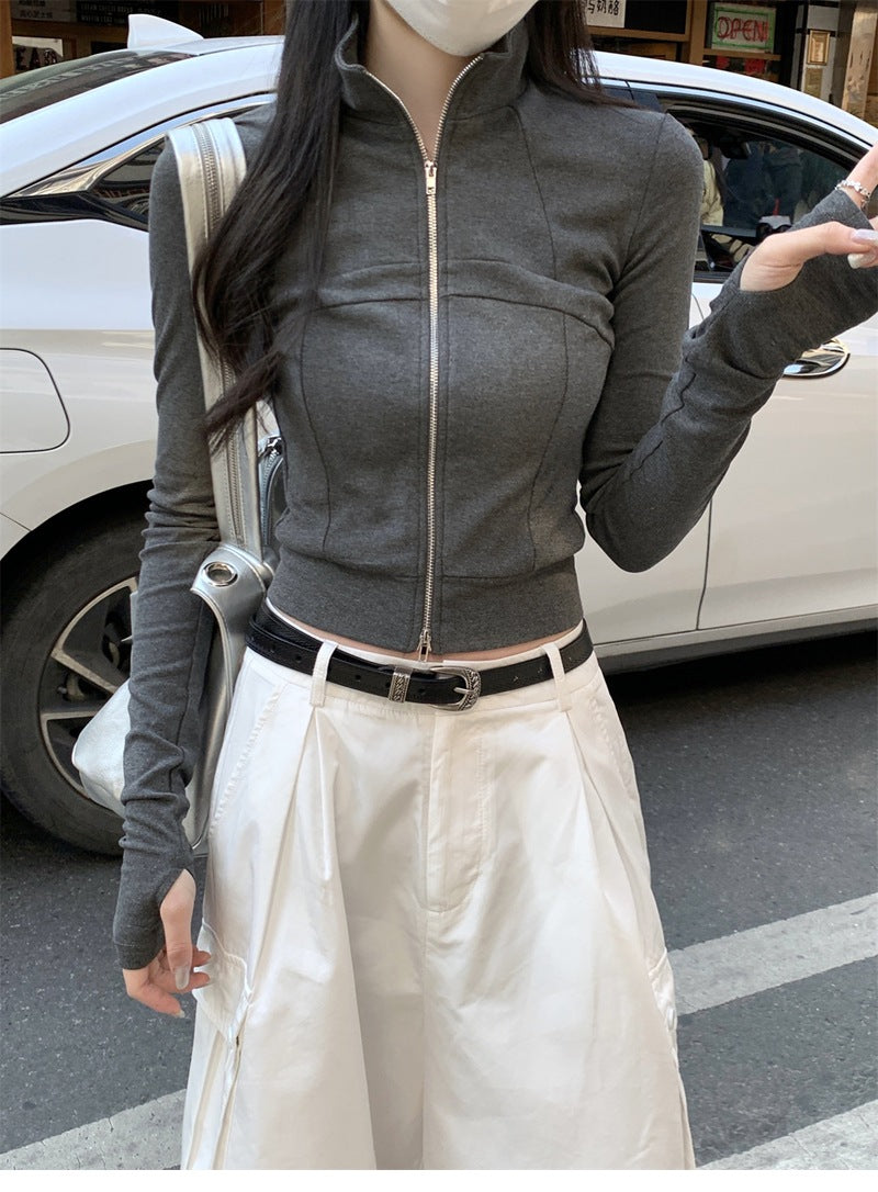 TP095 设计感鱼骨拉链长袖上衣