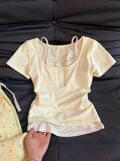 TP114 多巴胺假两件正肩短袖T恤