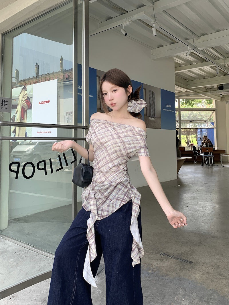 TP113 碎花不规则斜肩上衣