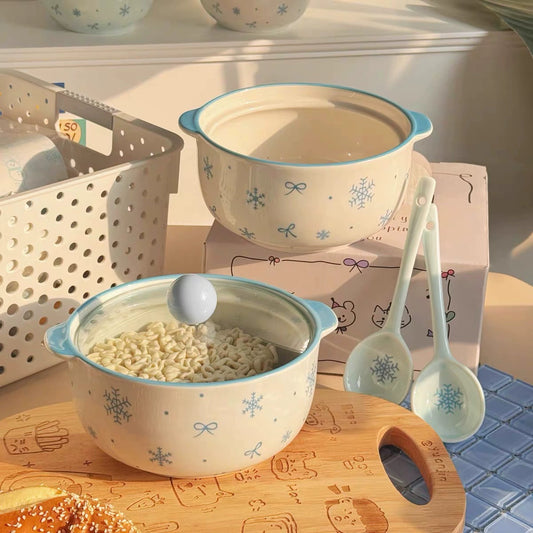 W015 Ins蓝色陶瓷泡面碗带盖