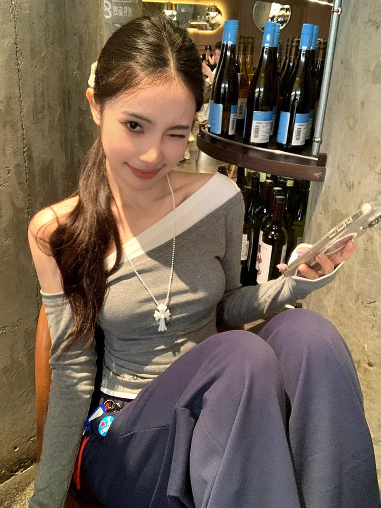 TP080 设计感修身斜肩上衣