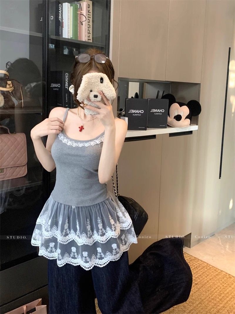 TB019 甜美风下摆蕾丝拼接叠穿吊带