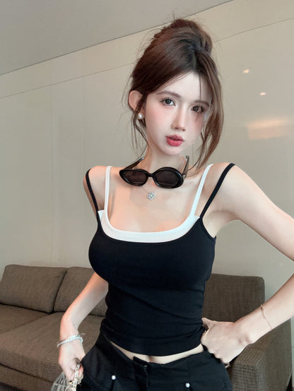 TP035 假两件撞色吊带小背心
