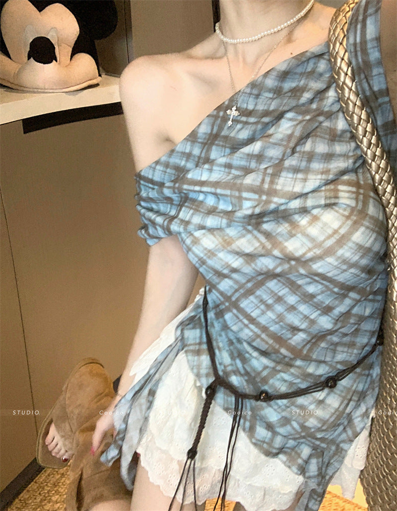 TP113 碎花不规则斜肩上衣