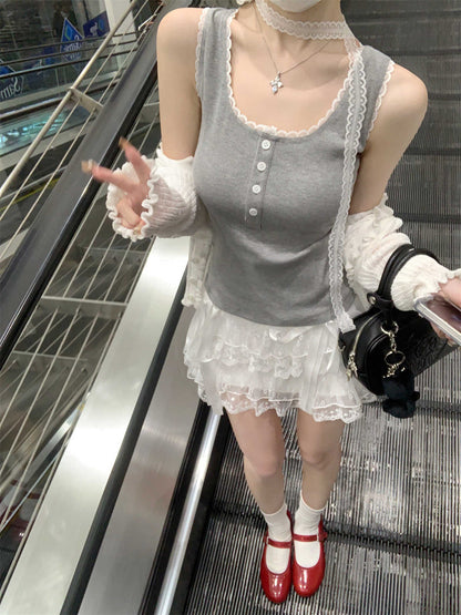 TB003 纽扣方领蕾丝边背心