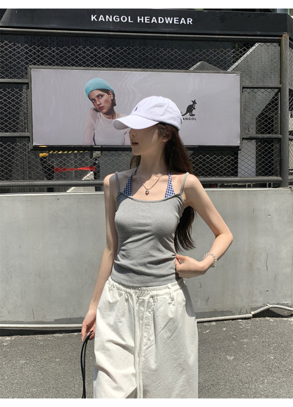 TB006 撞色格纹拼接挂脖系带无袖上衣