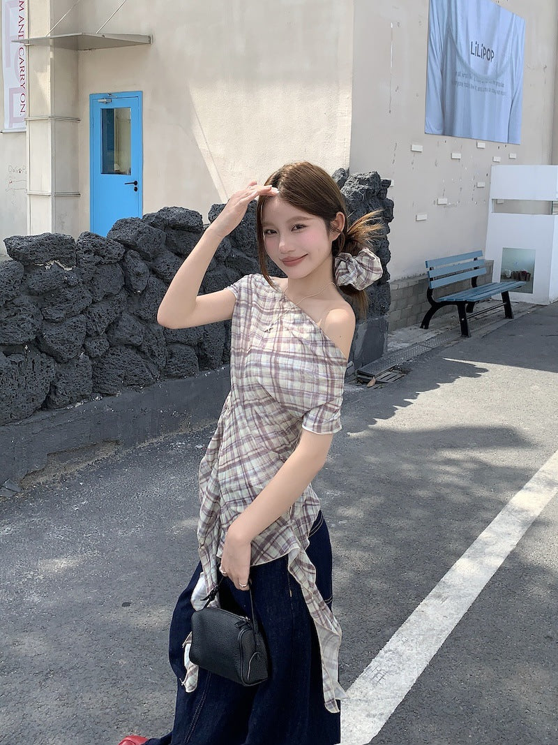 TP113 碎花不规则斜肩上衣