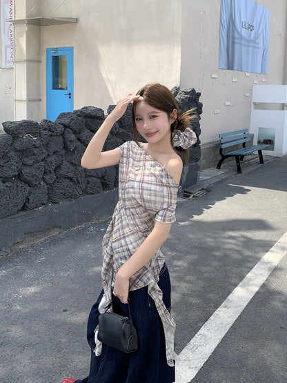 TP113 碎花不规则斜肩上衣