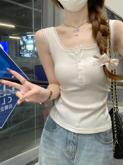 TB003 纽扣方领蕾丝边背心