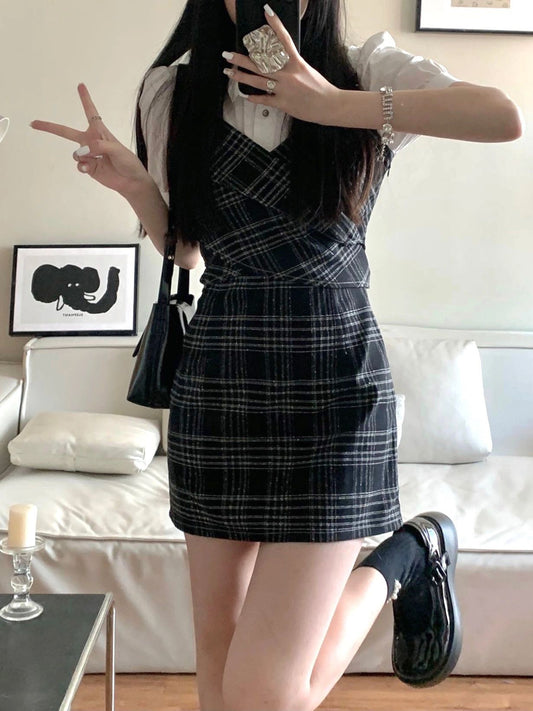 DS018 学院风假两件衬衫拼接裙