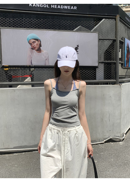 TB006 撞色格纹拼接挂脖系带无袖上衣