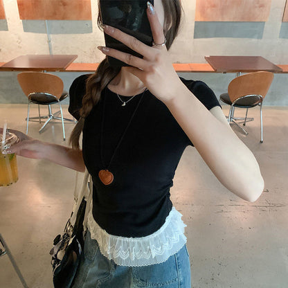 TP045 甜美蕾丝拼接下摆正肩上衣