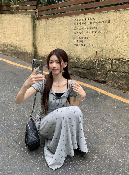 DS002 假两件蕾丝花边设计短袖连衣裙(长)