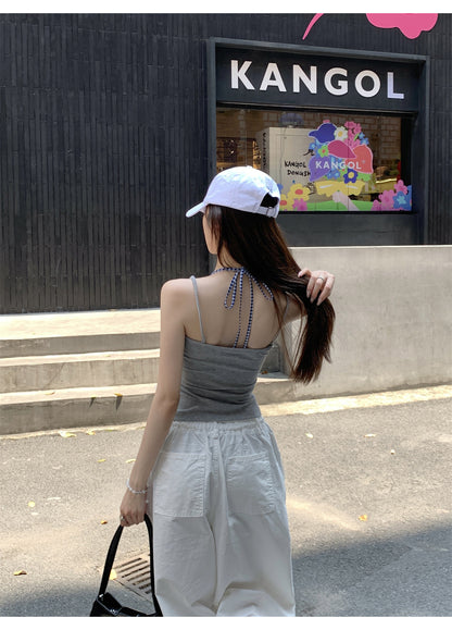 TB006 撞色格纹拼接挂脖系带无袖上衣