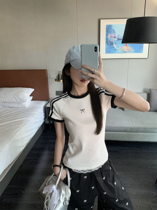 TP103 ins蝴蝶结刺绣杠条短袖T恤