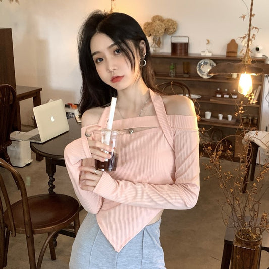 TP060 INS 挂脖别致不规则长袖T恤