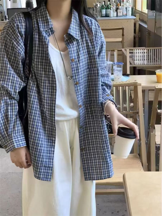 TP020 复古蓝色长袖格子衬衫