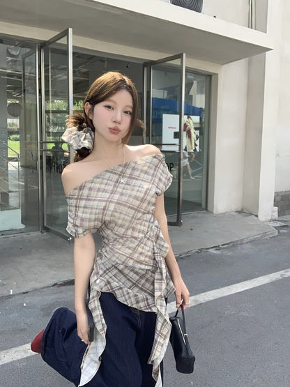 TP113 碎花不规则斜肩上衣