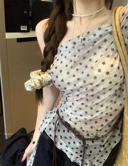 TP113 碎花不规则斜肩上衣