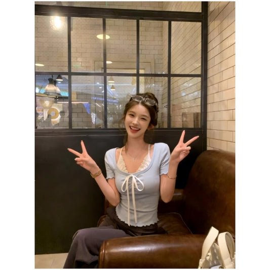 TP110 甜美风假两件短袖T恤